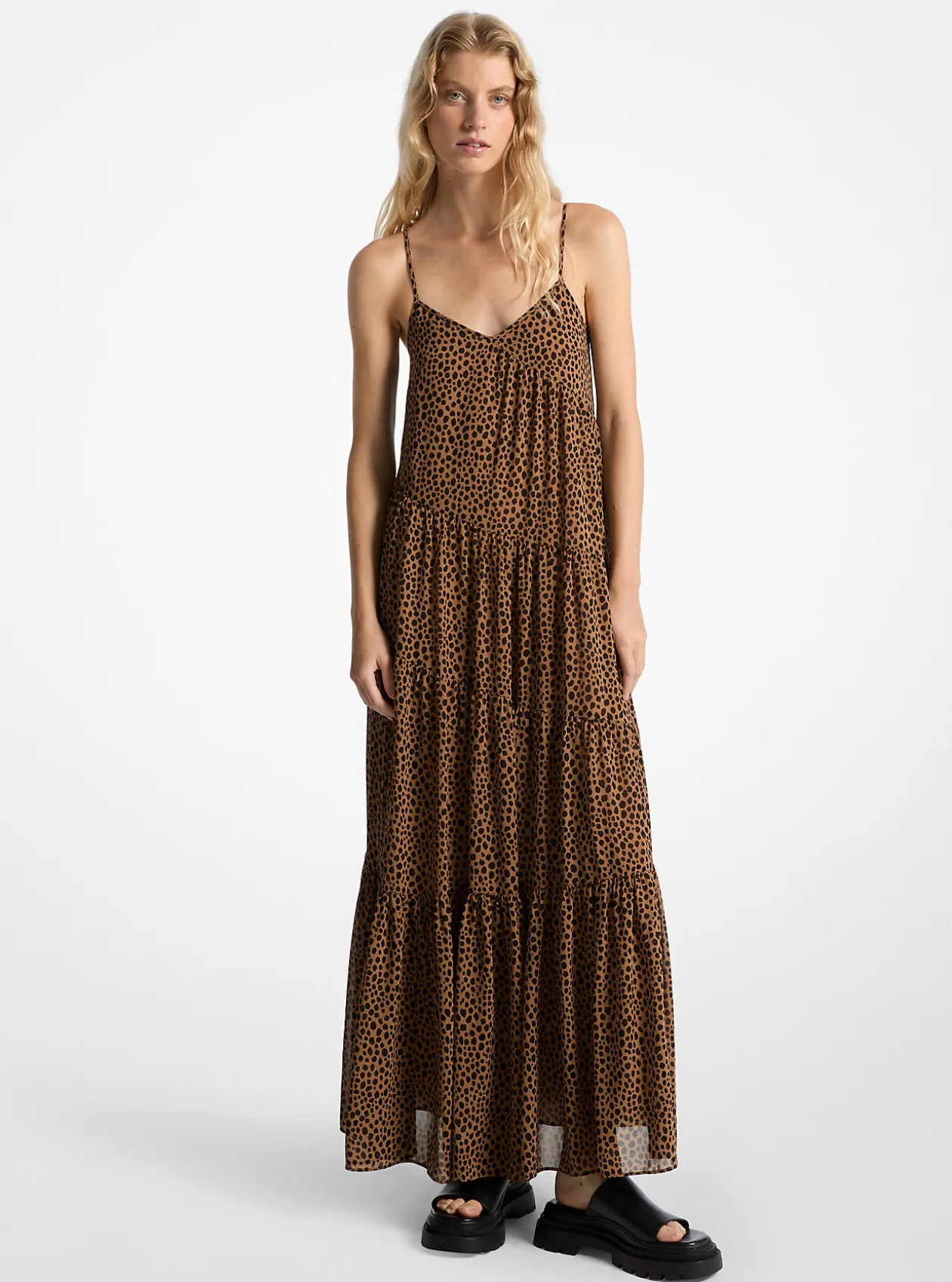 Cheetah Print Georgette Tiered Maxi Dress