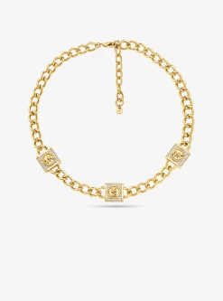 Precious Metal-Plated Brass Pav&eacute; Lock Trio Necklace