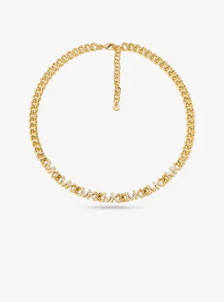 Precious Metal-Plated Brass Pav&eacute; Logo Chain Necklace