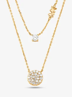 Precious Metal-Plated Sterling Silver Pav&eacute; Disc Layering Necklace