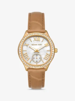 Sage Pavé Gold-Tone and Crocodile Embossed Leather Watch