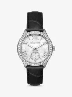 Sage Pav&eacute; Silver-Tone and Crocodile Embossed Leather Watch